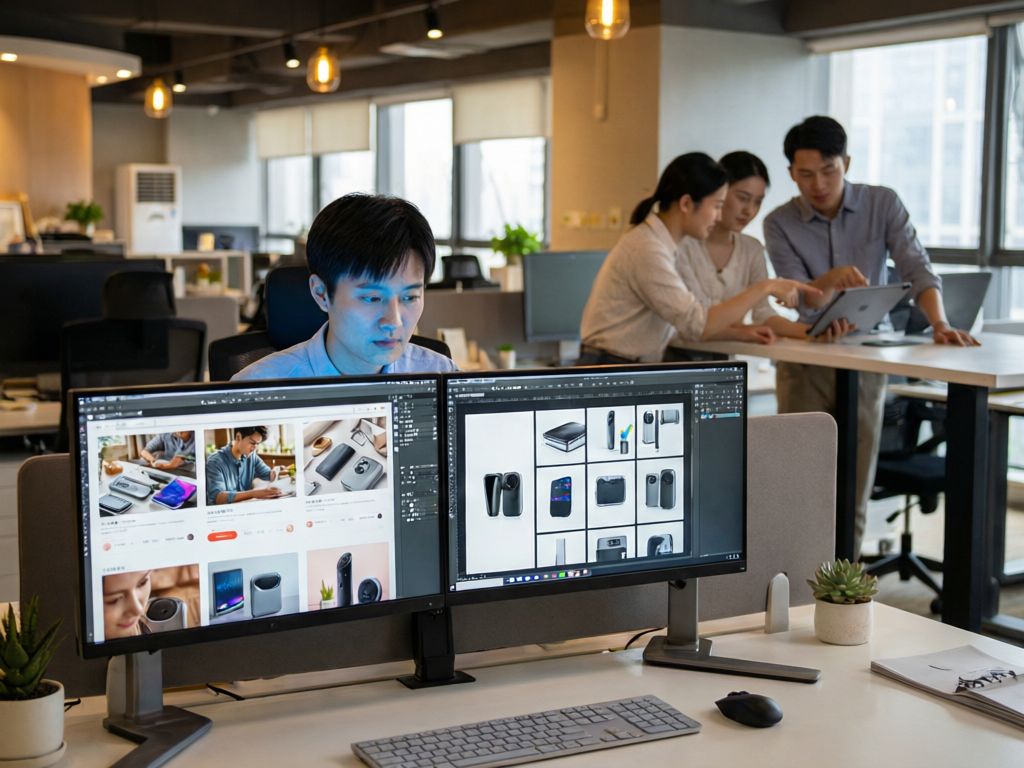 外贸公司美工在双屏电脑上制作产品详情页
