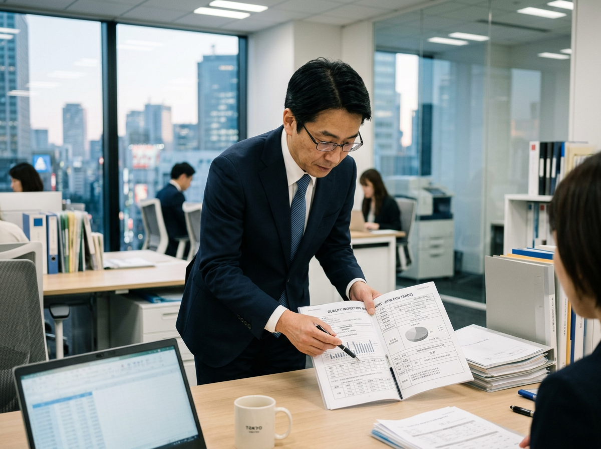 日本采购商在办公室审阅产品品质资料