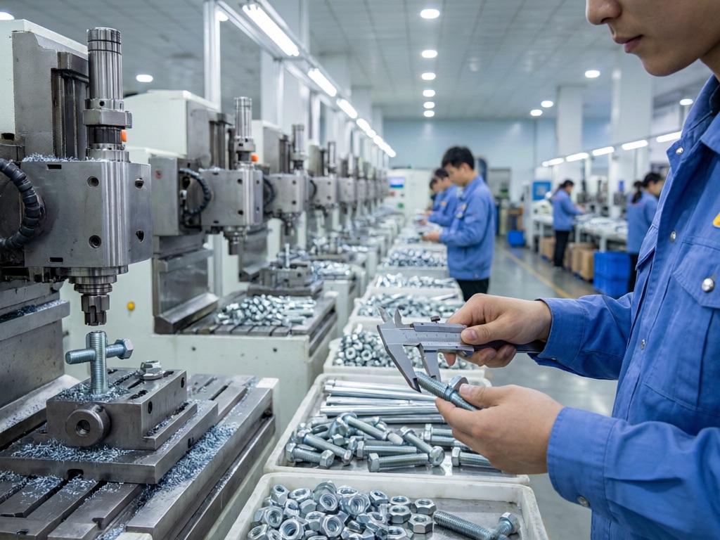 龙湾紧固件工厂车间，CNC机床生产高精度螺栓螺母，工人进行质检