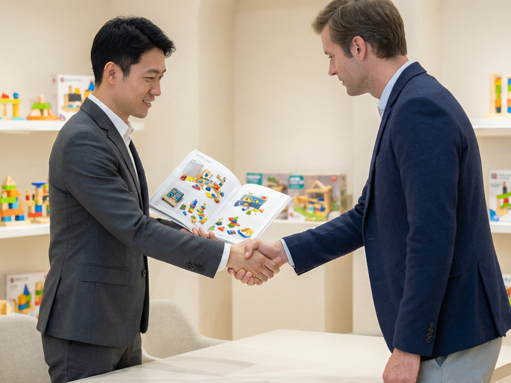 B2B展厅中 supplier 向外国买家介绍教玩具