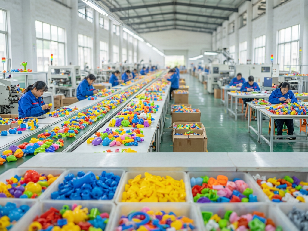 桥下镇教玩具工厂现代化生产线，工人正在组装彩色早教积木，B2B工业摄影风格