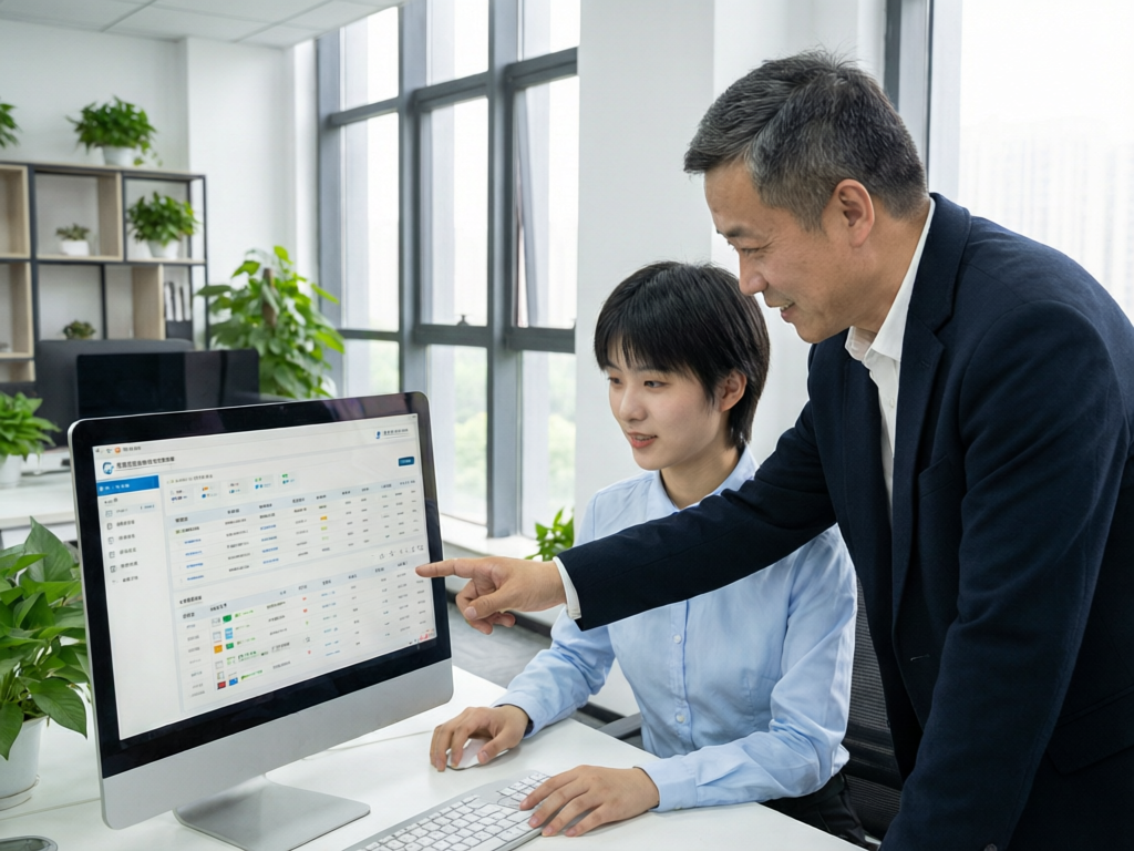 温州外贸公司办公室内，资深业务员正在指导新人使用CRM客户管理系统，专业入职培训场景
