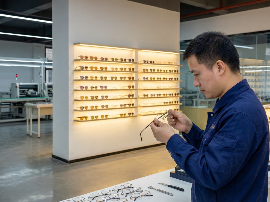 温州瓯海眼镜工厂展厅，展示多款光学镜架与太阳镜，品质检测员检查铰链耐久度