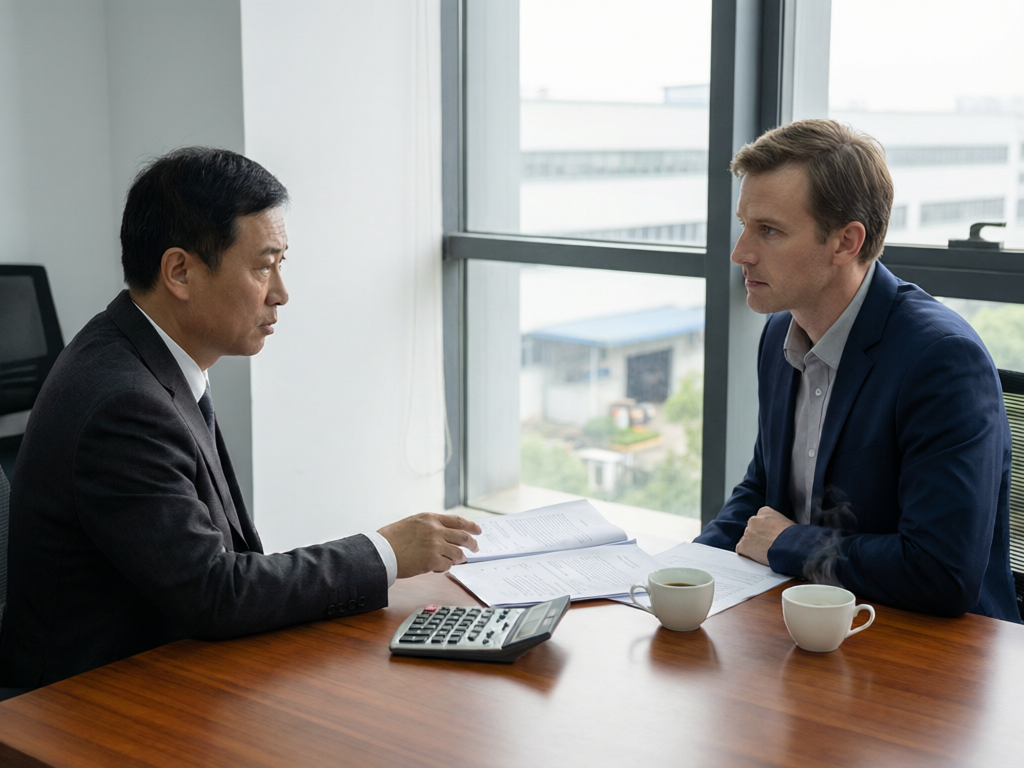 温州工厂老板与外商在会议室谈判付款方式
