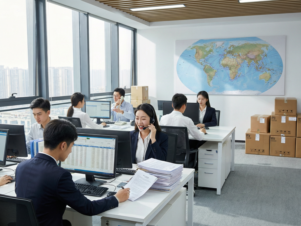 温州外贸公司办公室，业务员在电脑前处理国际询盘